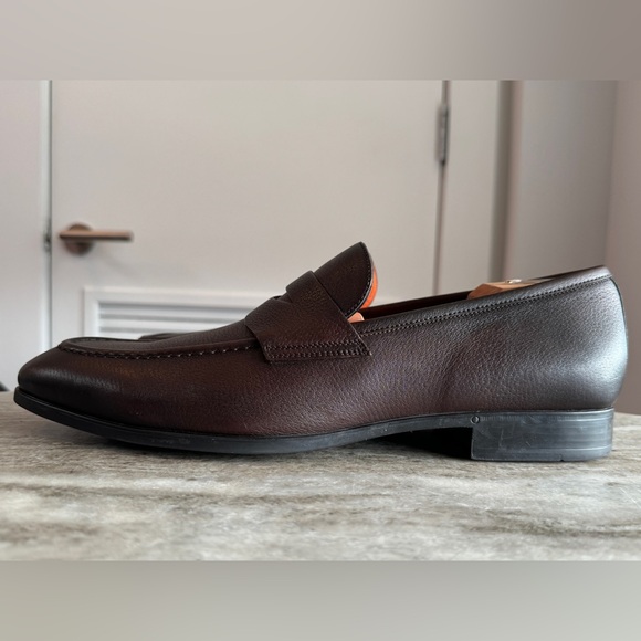 SANTONI BROWN PEBBLED LEATHER PENNY LOAFERS $1000 10.5 Moccasins Slip On Kiton - Picture 3 of 9